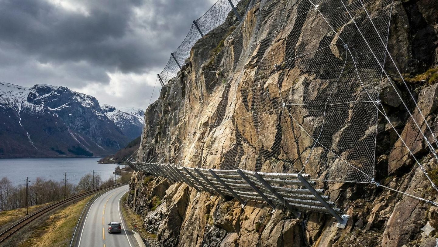 Steinsikringsnett og fanggjerde montert langs bratt fjellskjæring for å beskytte vei og jernbane langs en fjord.