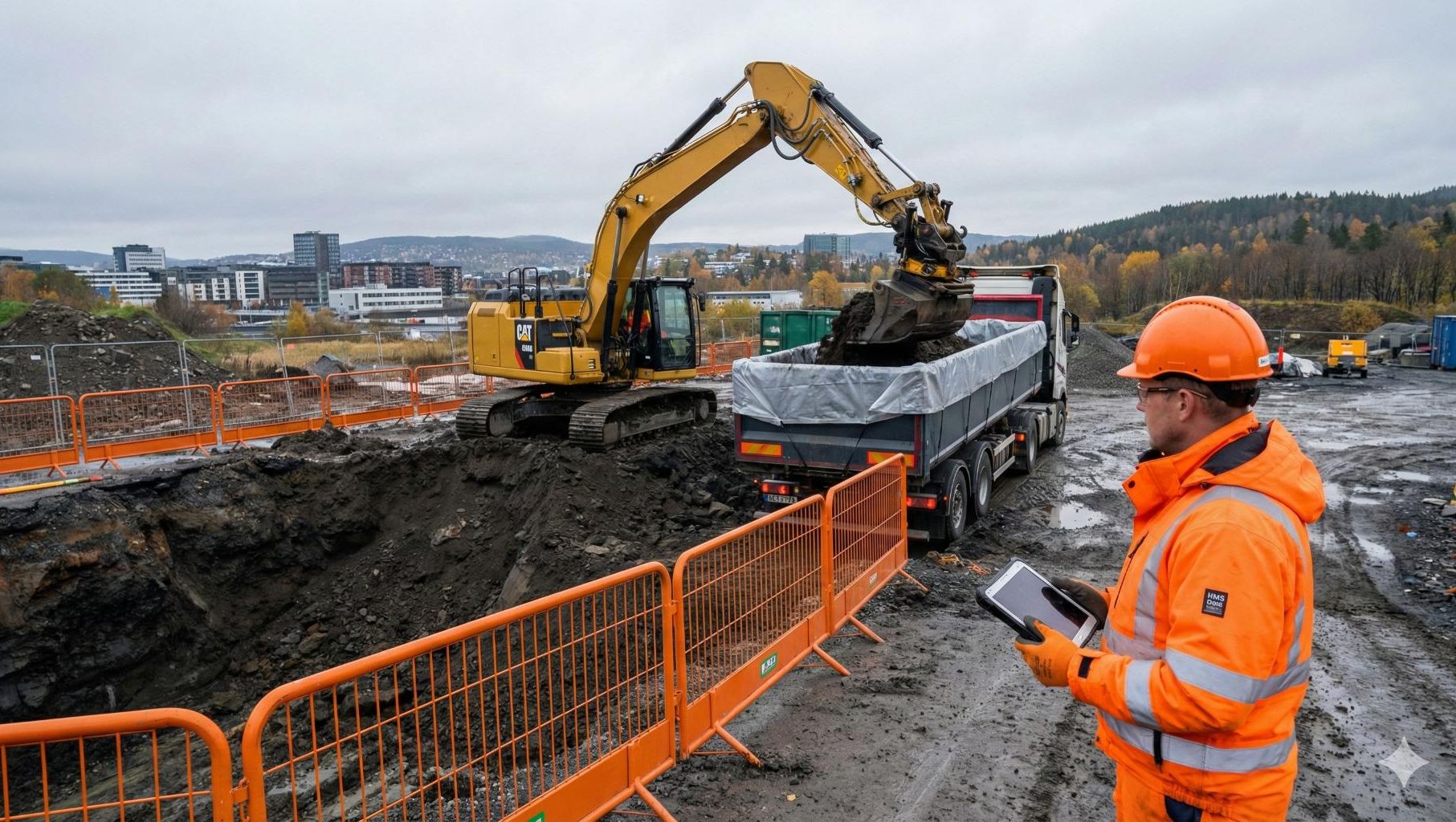 Gravemaskin laster jordmasser på lastebil mens en anleggsarbeider med nettbrett følger med.